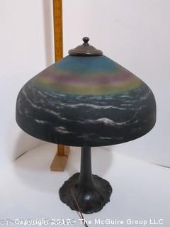 Circa 1920's Art Nouveau reverse painted glass Lamp; made by the Pittsburgh Lamp, Brass & Glass Co.,  vibrant colors; 16" diameter shade and metal base