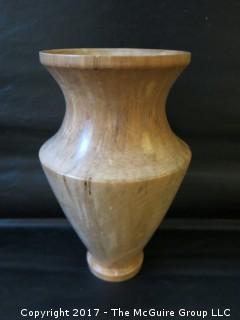 Collection of treenware including a pair of tri-sectioned wooden bowls and a lathe turned spalted maple vase; signed by the craftsman 