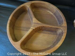 Collection of treenware including a pair of tri-sectioned wooden bowls and a lathe turned spalted maple vase; signed by the craftsman 