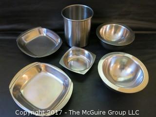 Collection of stainless kitchenware including Frontgate brand bowl