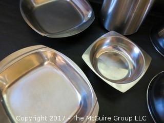 Collection of stainless kitchenware including Frontgate brand bowl