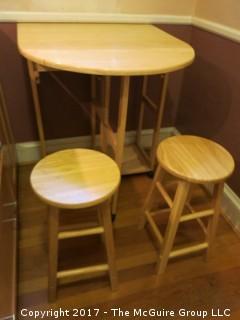 Mobile cart converts to demilune table with pair of bar stools 