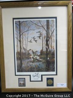 (#1527) Framed Green Winged Teal Taking Flight; 1991; signed Bill Pendergrass