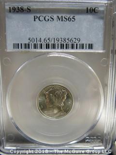 1938 S MERCURY DIME; SLABBED AND GRADED MS 65 BY PCGS