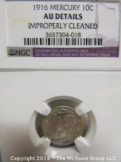 1916 MERCURY DIME; SLABBED BUT DEEMED IMPROPERLY CLEANED BY NGC