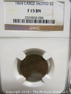 1864 LARGE MOTTO 2 CENT COIN; SLABBED AND GRADED F15 BN BY NGC