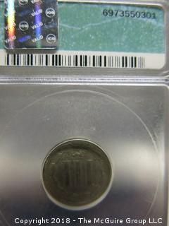 1865 3 CENT COIN SLABBED ICG-EF40 BY ICC 