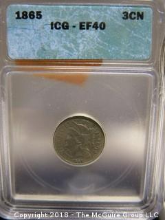 1865 3 CENT COIN SLABBED ICG-EF40 BY ICC 