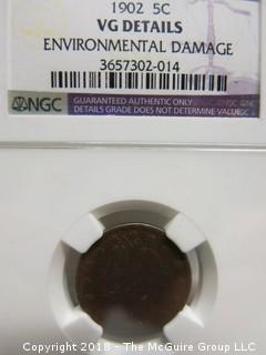 1902 5 CENT COIN; VG DETAILS; ENVIRONMENTAL DAMAGE; SLABBED BY NGC