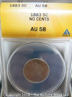 1883 5 CENT COIN; AU-58; SLABBED BY ANACS