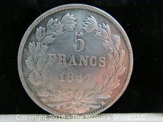 1847 5 FRANC COIN; LOUIS PHILIPPE I