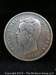 1871 5 PESETAS SILVER COIN