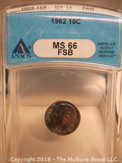 1962 MERCURY SILVER DIME; SLABBED AND GRADED MS 66 BY AWACS 