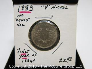 1883 V NICKEL; FIRST YEAR ISSUE; "NO CENTS VARIETY"