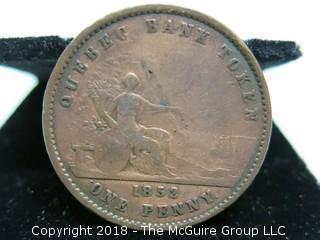 1852 BANK OF QUEBEC ONE PENNY TOKEN 