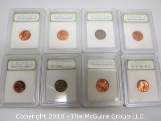 COLLECTION OF 8 LINCOLN PENNIES; SLABBED BY INB 