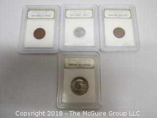 COLLECTION OF 4 SLABBED COINS BY ING; 3 PENNIES AND 1 DOLLAR SUSAN B. ANTHONY 