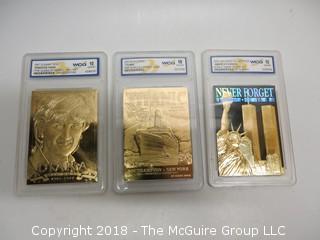 (3) 23K GOLD LEAF LIMITED EDITION COLLECTOR CARDS; ENCASED IN PLASTIC;  LADY DI, WORLD TRADE CENTER, THE TITANTIC