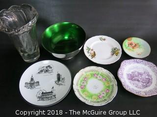 Assortment including collector plates, Wallace Color Clad bowl and large leaded glass vase