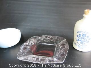 Collection including cleart glass fruit bowl, ceramic serving bowl and Henry McKenna Bourbon jug