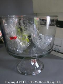 Collection including blue glass stems, clear glass trifle bowl and silverplated tea set