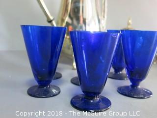 Collection including blue glass stems, clear glass trifle bowl and silverplated tea set