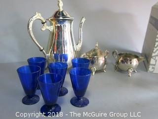 Collection including blue glass stems, clear glass trifle bowl and silverplated tea set