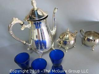 Collection including blue glass stems, clear glass trifle bowl and silverplated tea set