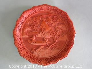   Decorative Chinese Carved Red Cinnabar Dragon Plate