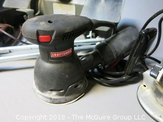 Collection of Craftsman corded tools including bench grinder;  3/8" variable speed, reversible drill; palm sander; router and assorted bits  