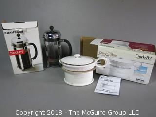 Collection including Bodum French Press coffee pot and gravy-mate crock pot