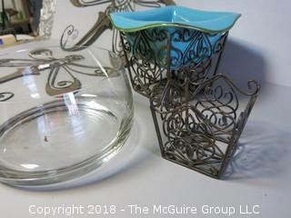 Collection including Clear Crystal Bowl and Decorative Metalworks  