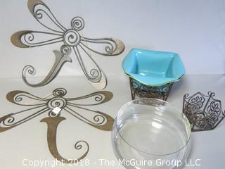 Collection including Clear Crystal Bowl and Decorative Metalworks  