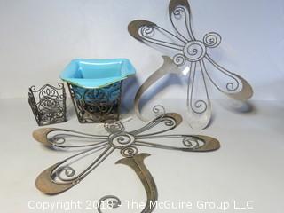 Collection including Clear Crystal Bowl and Decorative Metalworks  