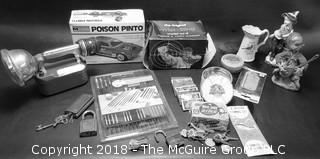 Eclectic collection including "Poisen Pinto" car box with some parts inside (Description altered 2018-07-12 at 8:00am.  If you wish to retract a previous bid, please contact me)