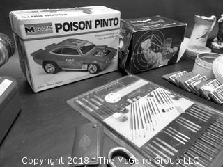 Eclectic collection including "Poisen Pinto" car box with some parts inside (Description altered 2018-07-12 at 8:00am.  If you wish to retract a previous bid, please contact me)