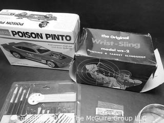 Eclectic collection including "Poisen Pinto" car box with some parts inside (Description altered 2018-07-12 at 8:00am.  If you wish to retract a previous bid, please contact me)