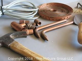 Collection including hand drill, garden tools, copper and insulated wire rope 