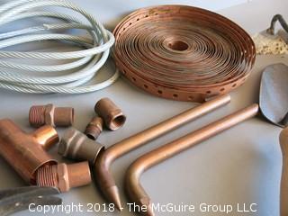 Collection including hand drill, garden tools, copper and insulated wire rope 