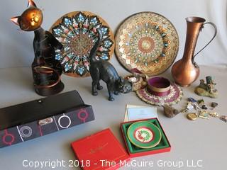 Eclectic Collection including metal plates, jewelry box, Christmas plate in original box, cats, Elgin pocket watch and collectible pins  