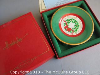 Eclectic Collection including metal plates, jewelry box, Christmas plate in original box, cats, Elgin pocket watch and collectible pins  