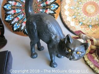 Eclectic Collection including metal plates, jewelry box, Christmas plate in original box, cats, Elgin pocket watch and collectible pins  