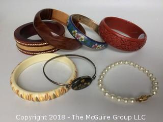 Collection of 7 Bracelets Including Enamel and Cinnabar