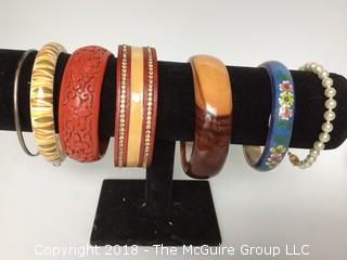 Collection of 7 Bracelets Including Enamel and Cinnabar