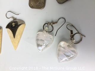 Five Pairs of Earrings Made of Bone, Tigereye, Glass Hearts, and 2 Sets of Coins 