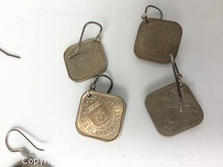 Five Pairs of Earrings Made of Bone, Tigereye, Glass Hearts, and 2 Sets of Coins 