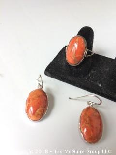 Sterling and Sponge Coral Matching Earrings and Ring