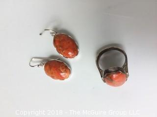 Sterling and Sponge Coral Matching Earrings and Ring