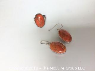 Sterling and Sponge Coral Matching Earrings and Ring