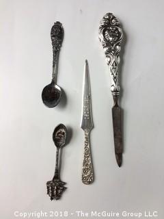 Sterling Victorian Nail File, Sterling Krik and Sone Ohio Daughters of the American Revolution Letter Opener, Silverplate Spoons